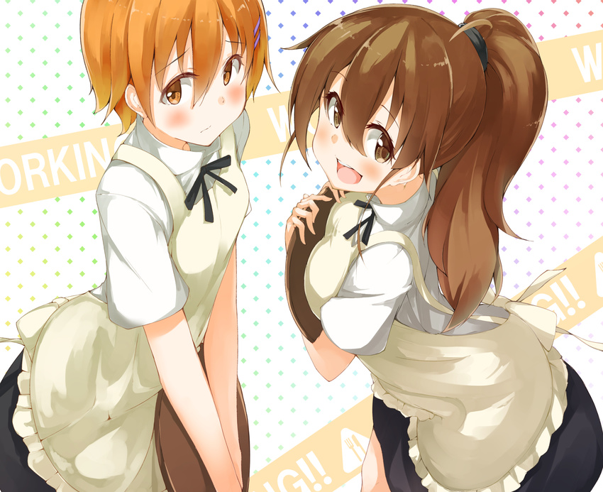 2girls blush brown_hair inami_mahiru okomeito orange_hair ponytail taneshima_popura waitress working!!