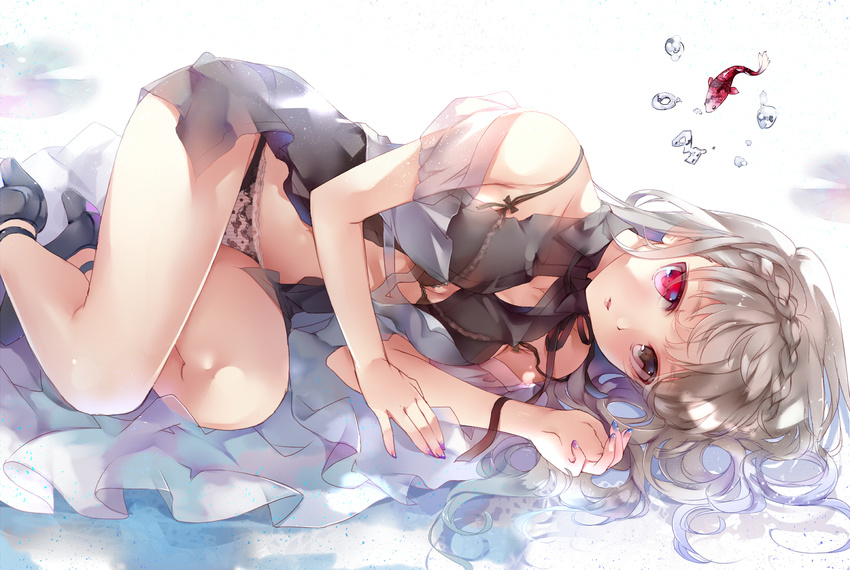 animal bicolored_eyes braids brown_hair bubbles fish long_hair original panties tukino_(panna) underwater underwear water