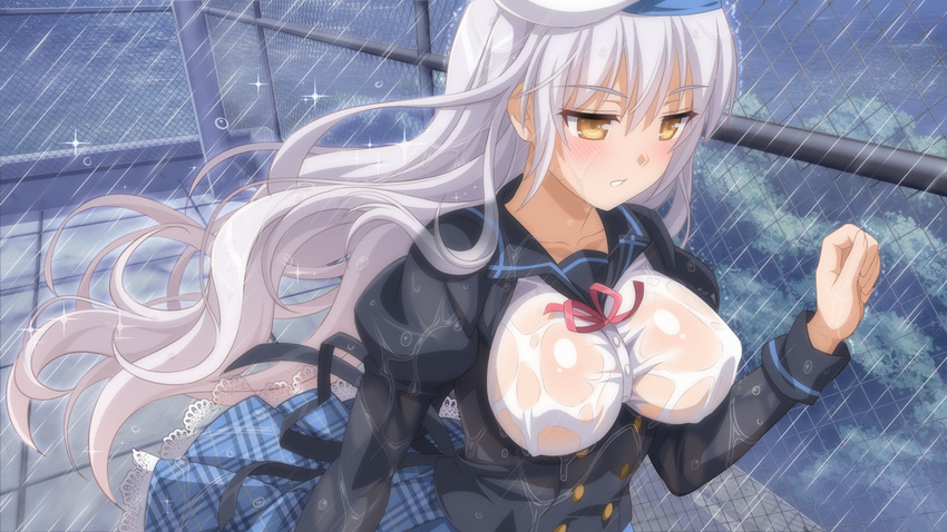 breasts hat long_hair rain rooftop sakura_angels see_through seifuku water wet white_hair winged_cloud_(wanaca) yellow_eyes yuzuki_(sakura_angels)