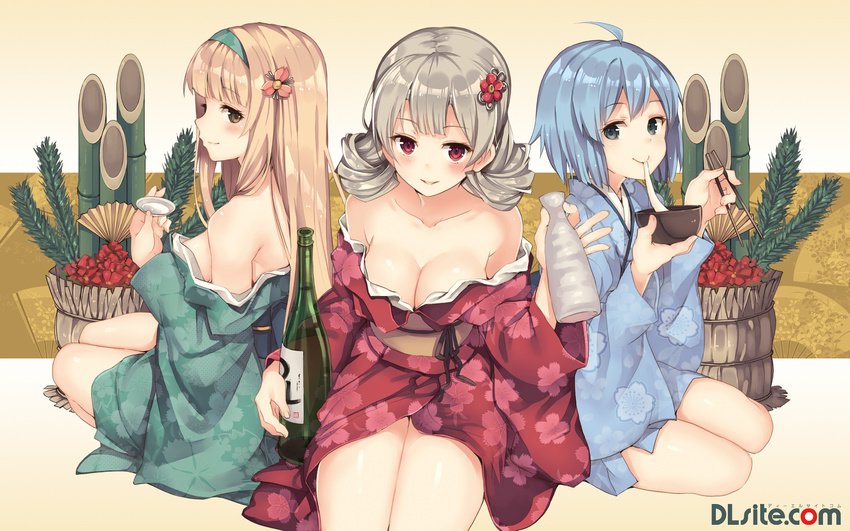 blonde_hair blue_eyes blue_hair breasts brown_eyes cleavage dille_blood dlsite.com drink elle_sweet flowers food gray_hair headband japanese_clothes long_hair original paseri red_eyes sake short_hair xi_lily yukata