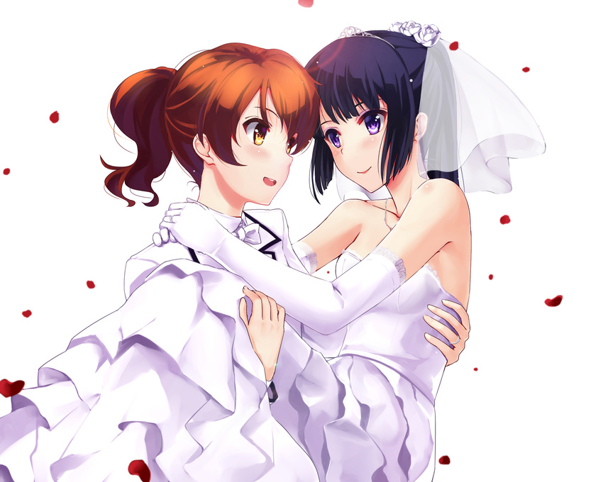 2girls blue_hair blush brown_eyes dress elbow_gloves flowers headdress hibike!_euphonium kousaka_reina mizuki_ame necklace orange_hair oumae_kumiko petals ponytail purple_eyes rose short_hair shoujo_ai suit tiara wedding wedding_attire white