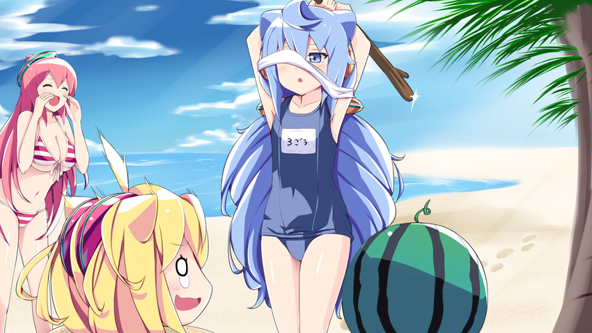 2girls ahoge beach bikini blindfold blindfold_slip blonde_hair blue_eyes blue_hair breasts buried closed_eyes cloud commentary day food fruit hacka_doll hacka_doll_1 hacka_doll_2 hacka_doll_3 hair_ornament highres large_breasts long_hair mijinko_(rioriorio) multiple_girls name_tag ocean open_mouth otoko_no_ko outdoors red_hair school_swimsuit sky stick striped striped_bikini suikawari summer swimsuit tears translated twintails very_long_hair watermelon