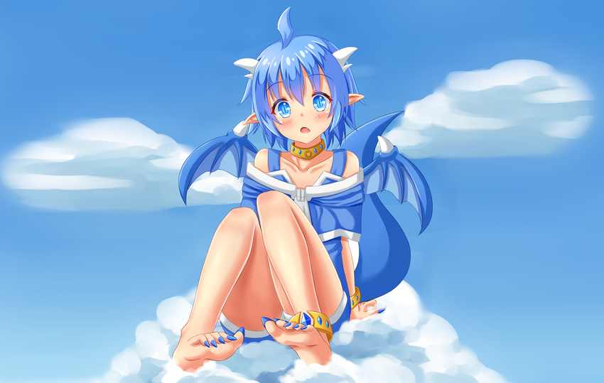 all_male anthropomorphism barefoot blue_eyes blue_hair blush clouds dragon fang fast-runner-2024 horns kota male original pointed_ears short_hair sky tail wings wristwear