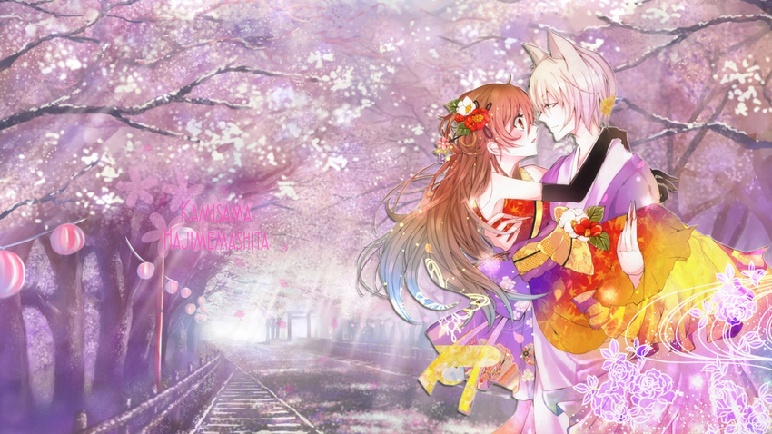 animal_ears blush brown_eyes brown_hair chaperu_(mukuone) headdress japanese_clothes kamisama_hajimemashita kimono male momozono_nanami photoshop purple_eyes tomoe_(kamisama_hajimemashita) white_hair