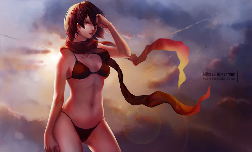 bikini clouds ecchi_pantsu mikasa_ackerman navel rainbow scarf shingeki_no_kyojin short_hair sky swimsuit watermark