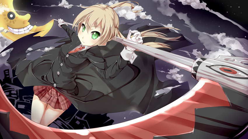 blonde_hair clouds green_eyes maka_albarn moon night pack_er_5 scythe seifuku skirt soul_eater soul_eater_evans tie twintails weapon