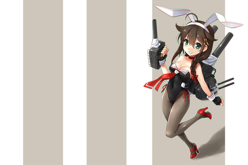 blue_eyes blush bow braids breasts brown_hair bunny_ears bunnygirl cleavage collar gloves kantai_collection katahira_masashi long_hair pantyhose ribbons shigure_(kancolle)