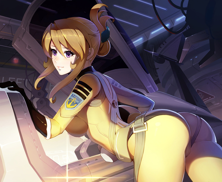 ass blonde_hair bodysuit mori_yuki ponytail purple_eyes skintight space_battleship_yamato vmax-ver