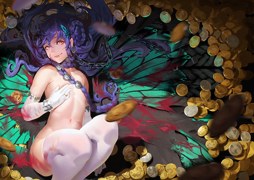 blood blue_hair chain elbow_gloves fang karasu-san_(syh3iua83) long_hair navel nude original red_eyes thighhighs vampire wings