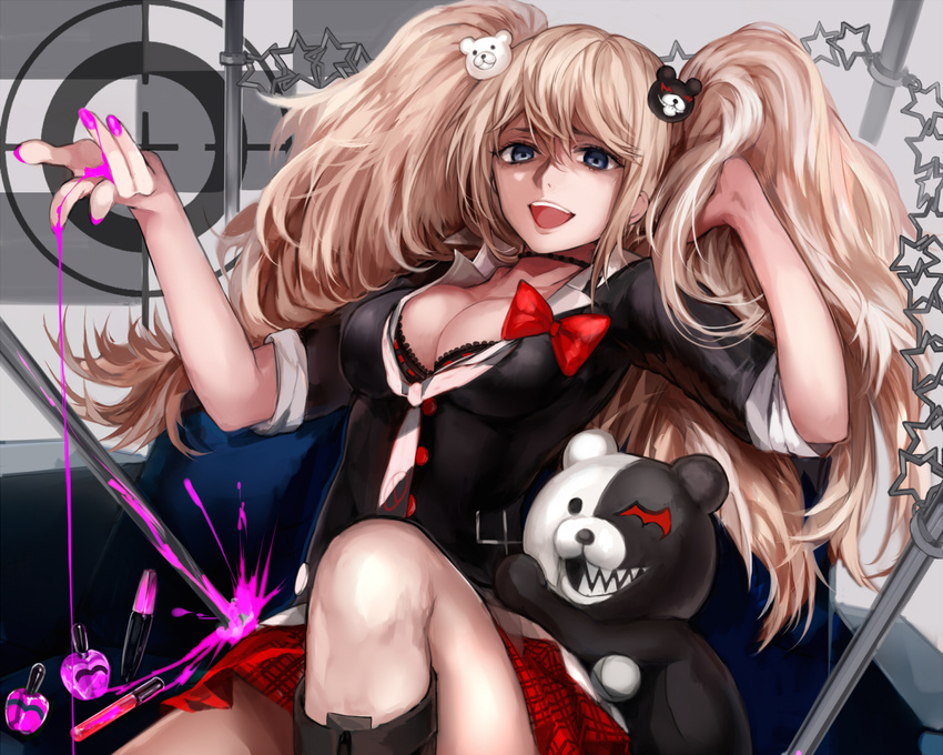 blonde_hair blood blue_eyes boots bra breasts cleavage cropped dangan-ronpa enoshima_junko monokuma seifuku tcb teddy_bear twintails underwear