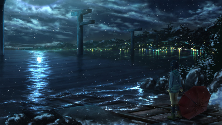 ichimiya_(araintell) nagi_no_asukara night scenic shiodome_miuna snow umbrella water