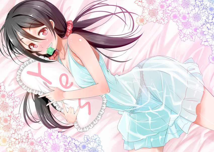 black_hair blush condom dress flowers long_hair love_live!_school_idol_project panties red_eyes see_through takuji_(dekosenn) underwear yazawa_nico