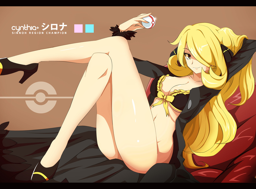 blonde_hair bow bra breasts cleavage cynthia_(pokemon) jpeg_artifacts long_hair nopan pokemon shirona underwear vivivoovoo wristwear yellow_eyes