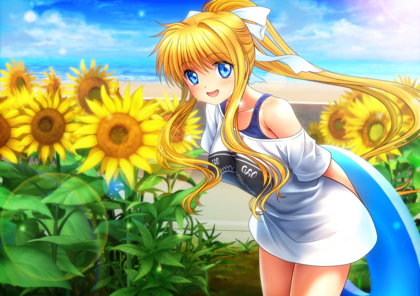 air beach blonde_hair blue_eyes bow clouds flowers grass kamio_misuzu long_hair moonknives ponytail sunflower swim_ring swimsuit water