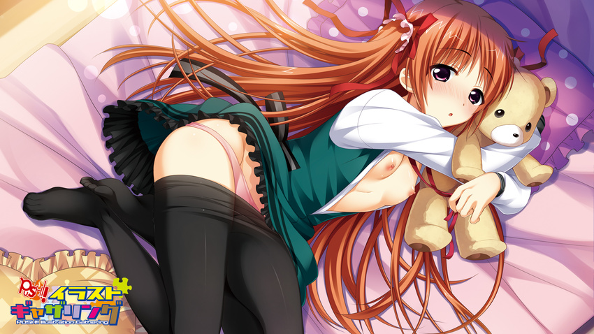 asa_project breasts brown_hair fuyuichi_monme kita_kyouko long_hair nipples no_bra open_shirt panties pantyhose puramai_wars seifuku underwear