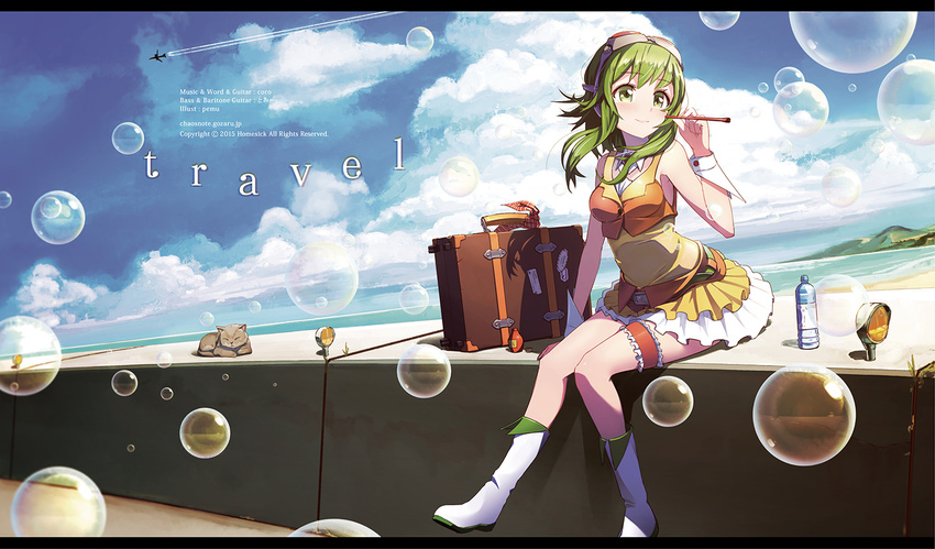 aircraft animal boots bubbles cat clouds drink guitar gumi instrument pomon_illust skirt sky sunglasses vocaloid