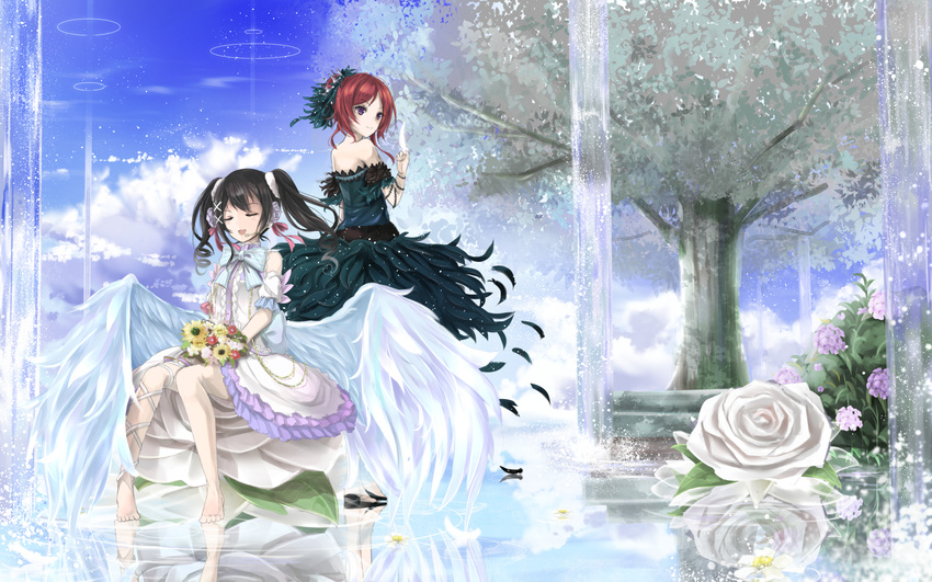 barefoot black_dress black_hair blue_bow blue_neckwear bouquet bow bowtie closed_eyes day dress feathered_wings flower hair_ornament highres holding holding_bouquet holding_feather long_hair love_live! love_live!_school_idol_project microphone multiple_girls nishikino_maki open_mouth orein outdoors purple_eyes red_hair reflecting_pool short_hair sitting sky sleeveless sleeveless_dress tree twintails white_dress white_feathers white_flower white_wings wings yazawa_nico