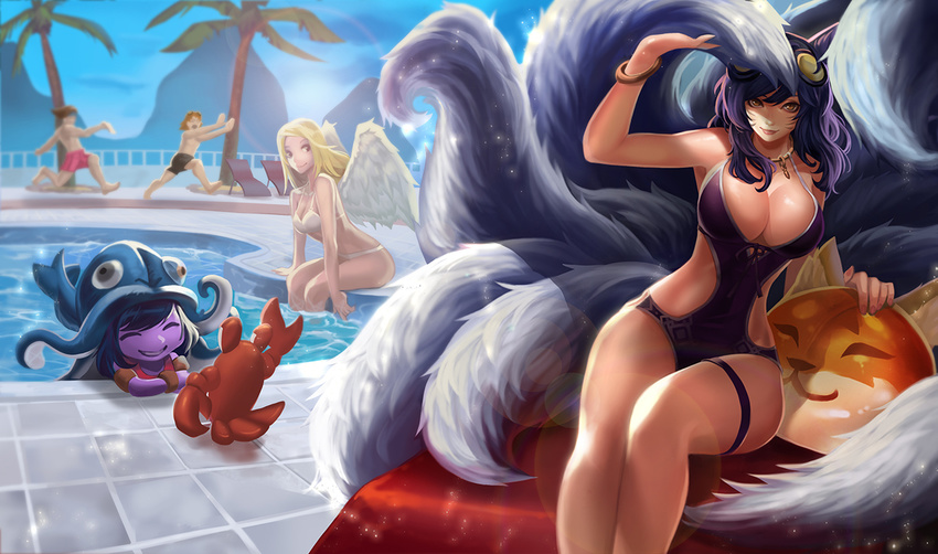 ahri_(league_of_legends) animal_ears breasts cleavage ezreal_(league_of_legends) foxgirl goomrrat kayle league_of_legends long_hair lulu multiple_tails pool swimsuit tail taric