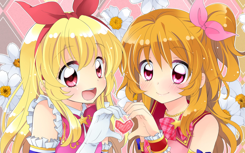 2girls aikatsu! blonde_hair blush brown_hair gloves hoshimiya_ichigo oozora_akari tagme_(artist)