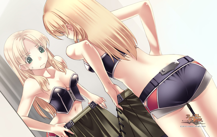 ass blonde_hair breasts cleavage hirano_katsuyuki long_hair mirror navel record_of_agarest_war skirt