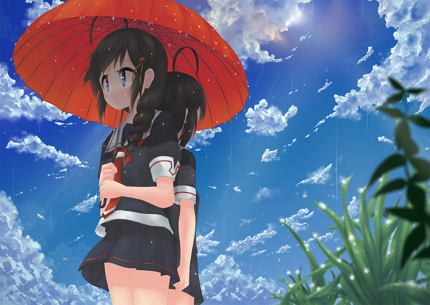 2girls black_hair blue_eyes braids clouds grass kantai_collection ponytail rain seifuku shigure_(kancolle) sky tagme_(artist) umbrella water