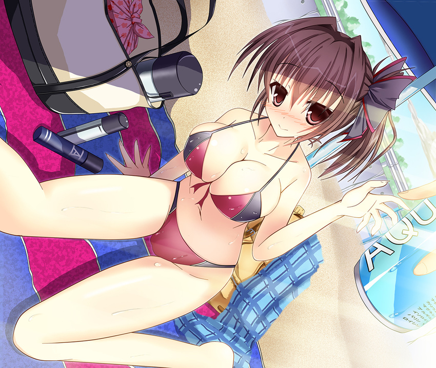 beach bikini blush brown_eyes brown_hair drink original rankiryuu swimsuit tagme wet