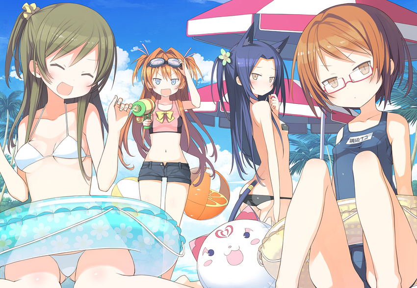 animal_ears ball barefoot beach bikini blonde_hair blue_eyes blue_hair breasts cleavage flowers glasses goggles group houjou_hibiki kurokawa_ellen long_hair minamino_kanade navel orange_eyes orange_hair precure ribbons school_swimsuit shirabe_ako short_hair suite_precure swim_ring swimsuit tail tree umbrella yuguru