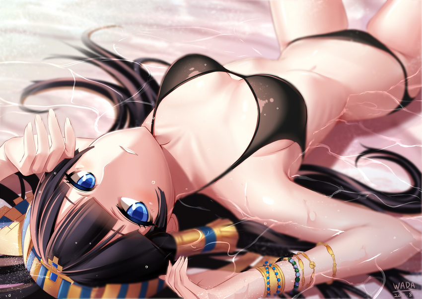 bikini black_hair blue_eyes breasts close headdress isis_(p&amp;d) long_hair navel puzzle_&amp;_dragons signed swimsuit wada_masanori water wet wristwear