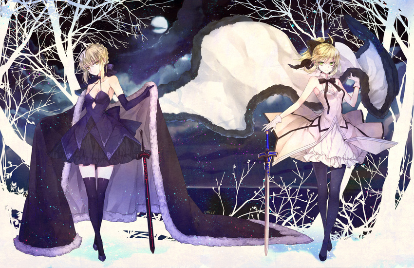 2girls blonde_hair bow breasts cape cleavage dress fate/stay_night fate/unlimited_codes hachini ribbons saber saber_alter saber_lily sword thighhighs tree weapon zettai_ryouiki