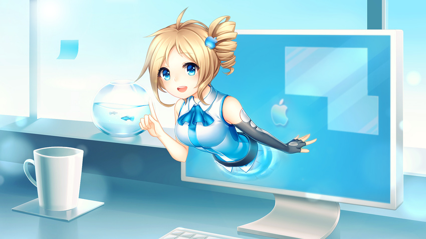 aizawa_inori anthropomorphism apple blonde_hair blue_eyes computer elbow_gloves fruit mac os-tan photoshop pricey short_hair skirt