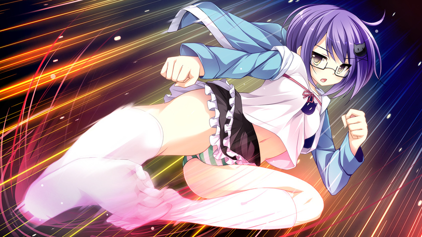 game_cg glasses kick mote_sugite_shuraba_na_ore niimura_miyako panties praline purple_hair striped_panties underwear yuuki_rika