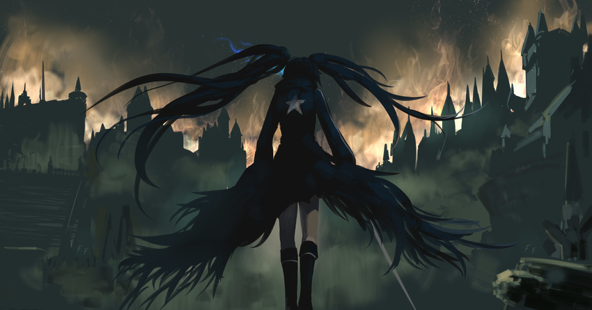 black_hair black_rock_shooter bloodborne boots city crossover dark fire kuroi_mato long_hair otaku_(artist) sword twintails weapon