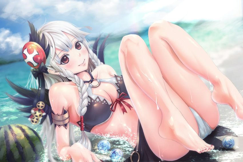 barefoot beach bikini blush braids breasts brown_eyes cleavage fruit gray_hair puzzle_&amp;_dragons sho_(shoichi-kokubun) swimsuit valkyrie_(p&amp;d) watermelon wet wings