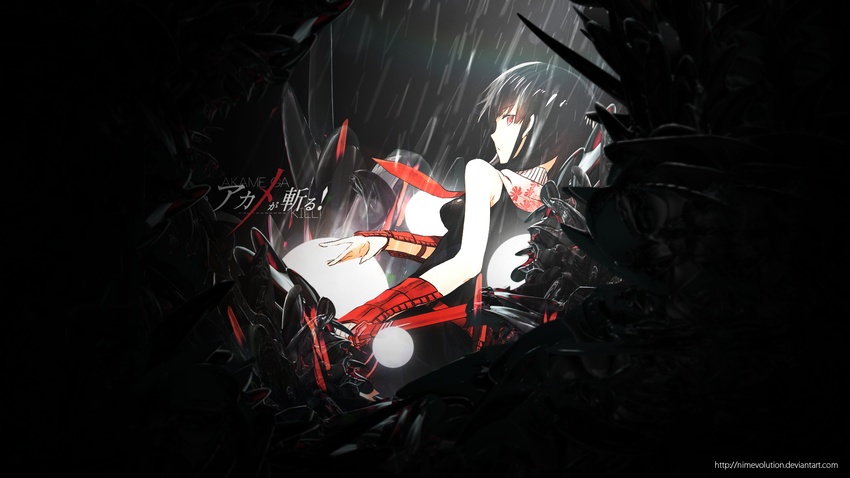 akame akame_ga_kill! black black_hair katana nimeevolution rain red_eyes scarf sword tie water watermark weapon