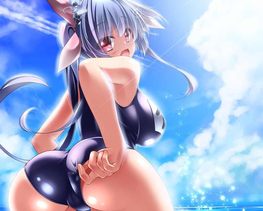 ass blue_hair breasts cameltoe clouds cropped i-19_(kancolle) kantai_collection long_hair midoriiro_no_shinzou pink_eyes ribbons school_swimsuit swimsuit twintails water