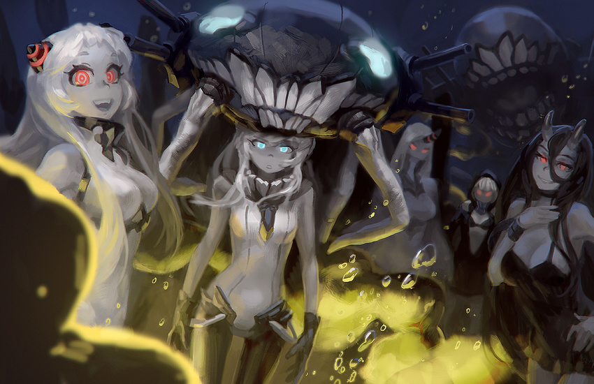 airfield_hime aqua_eyes battleship-symbiotic_hime black_hair blue_eyes bra breasts bubbles cleavage doyora gloves group hoodie horns kantai_collection long_hair re-class_battleship red_eyes seaport_hime underwater underwear water white_hair wo-class_aircraft_carrier