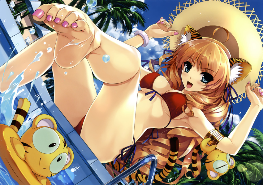 animal animal_ears aqua_eyes barefoot bikini catgirl cradle fang hat long_hair misaki_kurehito orange_hair original pool scan summer swimsuit tail tiger tree underboob water wristwear