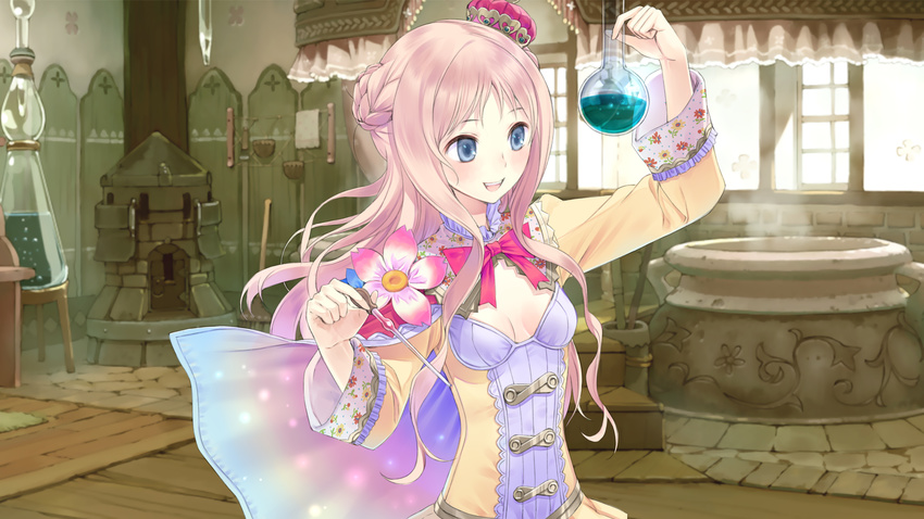 :d absurdres atelier_(series) atelier_meruru atelier_rorona blue_eyes bow breasts brown_hair cleavage crown flower game_cg highres holding indoors kishida_mel long_hair merurulince_rede_arls mini_crown official_art open_mouth red_bow small_breasts smile solo standing steam