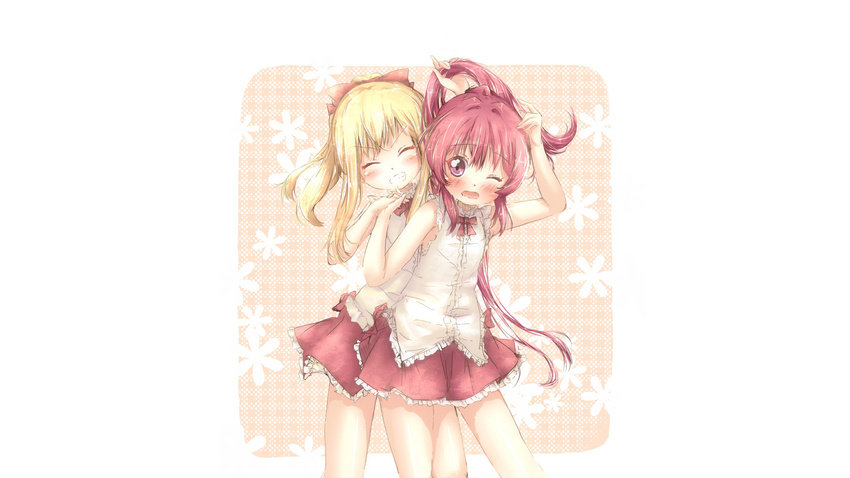 2girls blonde_hair blush kuma21543 long_hair pink_eyes pink_hair ponytail sugiura_ayano toshinou_kyouko wink yuru_yuri