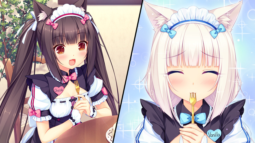 2girls animal_ears breasts brown_eyes brown_hair cake cat_smile catgirl chocola_(sayori) cleavage game_cg headdress leaves long_hair nekopara sayori twintails vanilla_(sayori) waitress white_hair wristwear