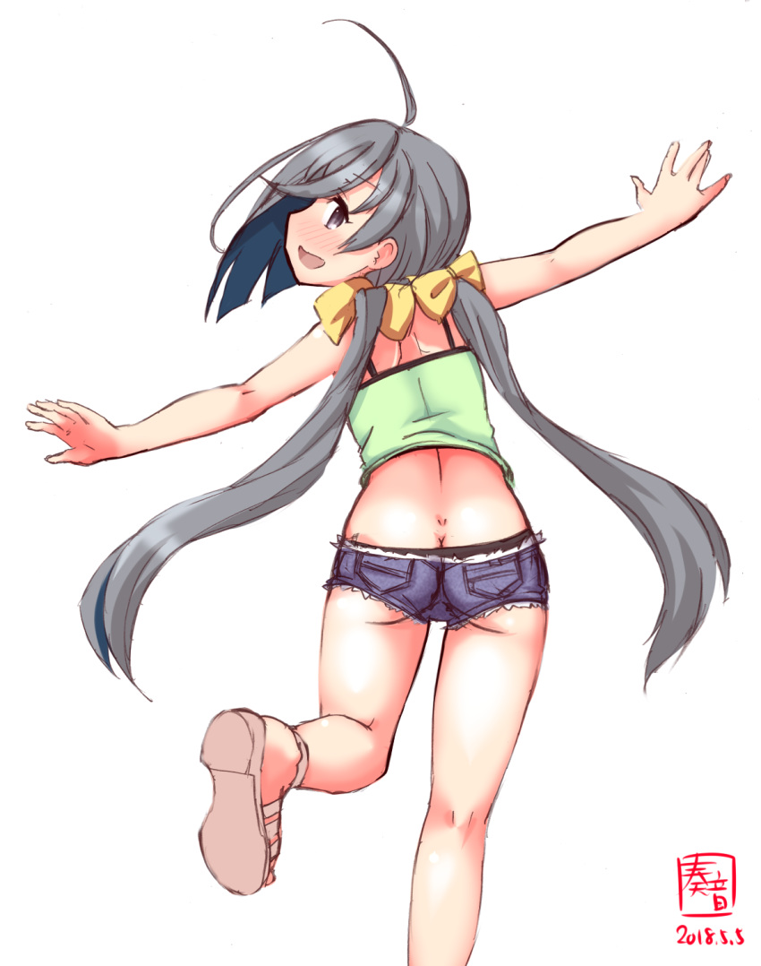 ahoge alternate_costume artist_logo ass bow butt_crack casual commentary_request dated denim denim_shorts dimples_of_venus from_behind grey_eyes grey_hair hair_between_eyes hair_bow halter_top halterneck highres kanon_(kurogane_knights) kantai_collection kiyoshimo_(kantai_collection) looking_at_viewer looking_back low_twintails midriff open_clothes outstretched_arms revision sandals short_shorts shorts simple_background solo twintails white_background yellow_bow