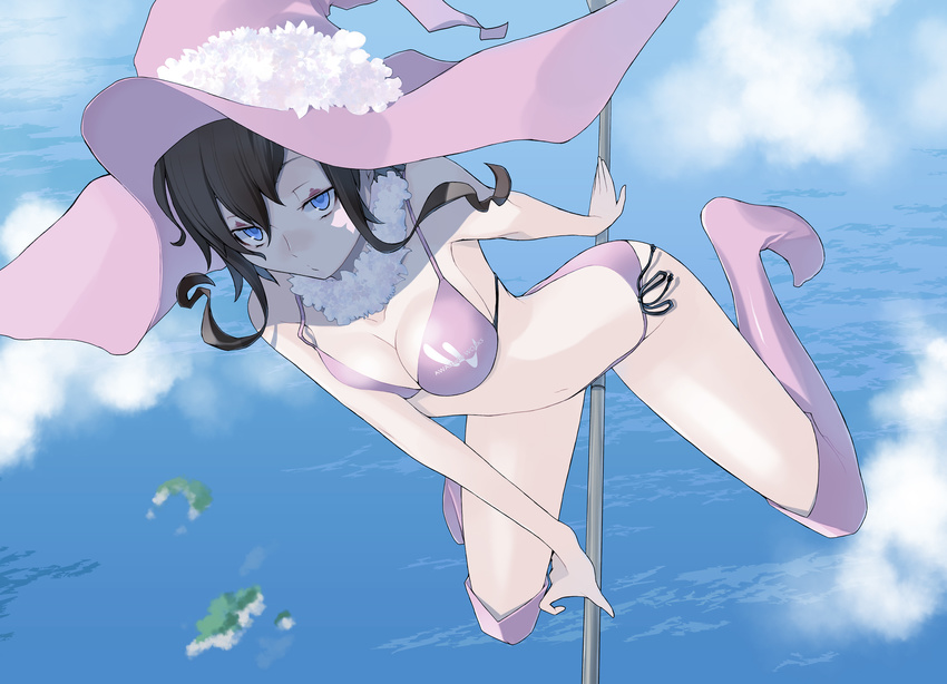 bikini black_hair blue_eyes boots breasts cleavage hat kneehighs swimsuit v_lila_f witch yasuda_suzuhito yozakura_quartet