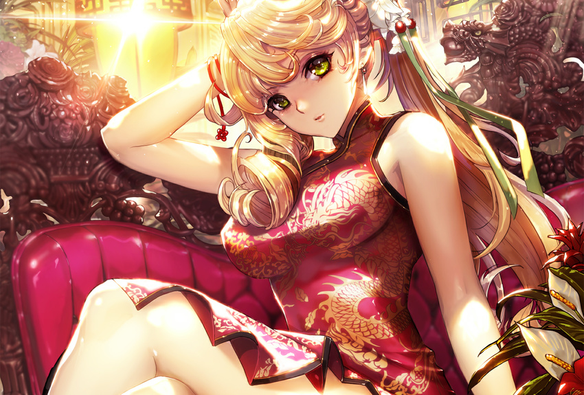 blonde_hair chinese_clothes chinese_dress flowers furyou_michi_~gang_road green_eyes long_hair ponytail xaxak