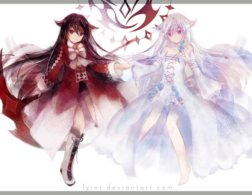 alice_(pandora_hearts) animal_ears boots brown_hair flowers lolita_fashion lyiet pandora_hearts rose white_hair