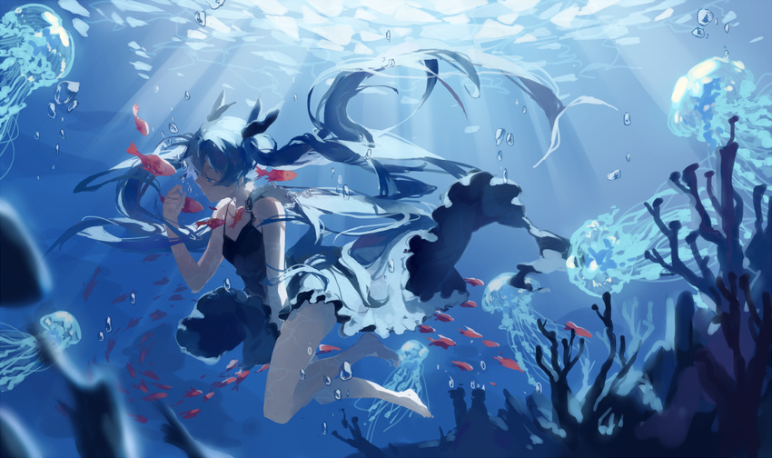 air_bubble barefoot between_legs black_dress black_ribbon blue_eyes blue_hair bubble collarbone dress fish floating_hair full_body hair_ribbon hand_between_legs hatsune_miku long_hair ribbon shinkai_shoujo_(vocaloid) sleeveless sleeveless_dress solo spencer_sais submerged twintails underwater very_long_hair vocaloid