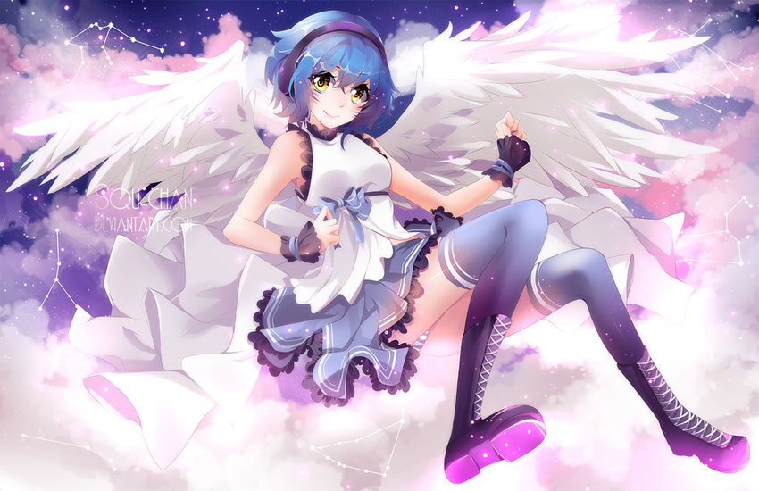 angel blue_hair boots clouds jpeg_artifacts original skirt sky squadra stars thighhighs wings wristwear yellow_eyes