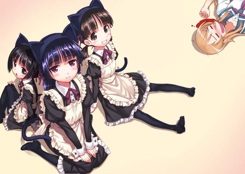 animal_ears apron black_eyes black_hair blood blush brown_hair fang gokou_hinata gokou_ruri gokou_tamaki kousaka_kirino long_hair maid matsuryuu nosebleed ore_no_imouto_ga_konna_ni_kawaii_wake_ga_nai pantyhose purple_eyes seifuku short_hair tail twintails