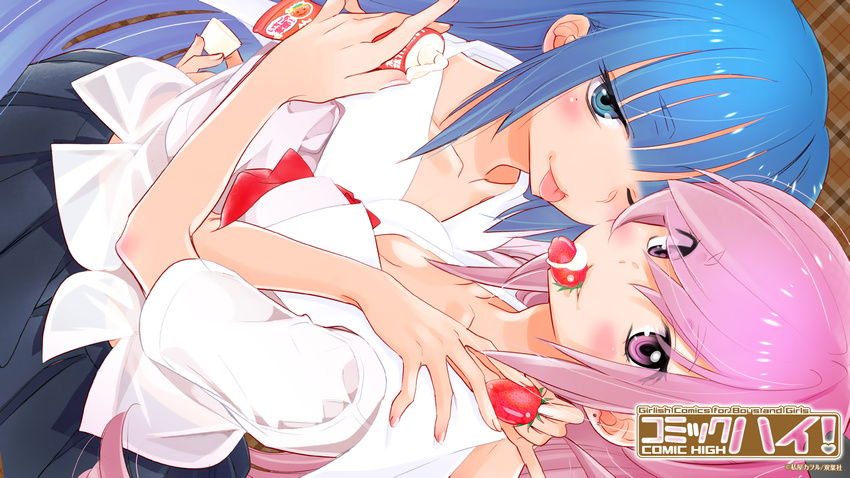 2girls blue_hair breasts cleavage comic_high fruit long_hair original pink_hair see_through seifuku strawberry watashiya_kaworu wink