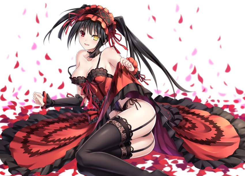 ass bicolored_eyes black_hair breasts cleavage collar date_a_live dress garter_belt headdress panties petals ribbons silence skirt skirt_lift stockings thighhighs tokisaki_kurumi twintails underwear white