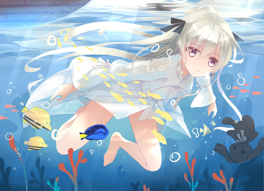 .l.l animal barefoot bubbles fish kasugano_sora long_hair ribbons underwater water yosuga_no_sora